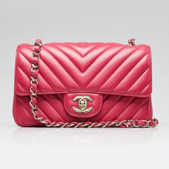 CHANEL Handbags - Chanel Pink Chevron Quilted Lambskin Leather Classic Mini Rectangular Bag